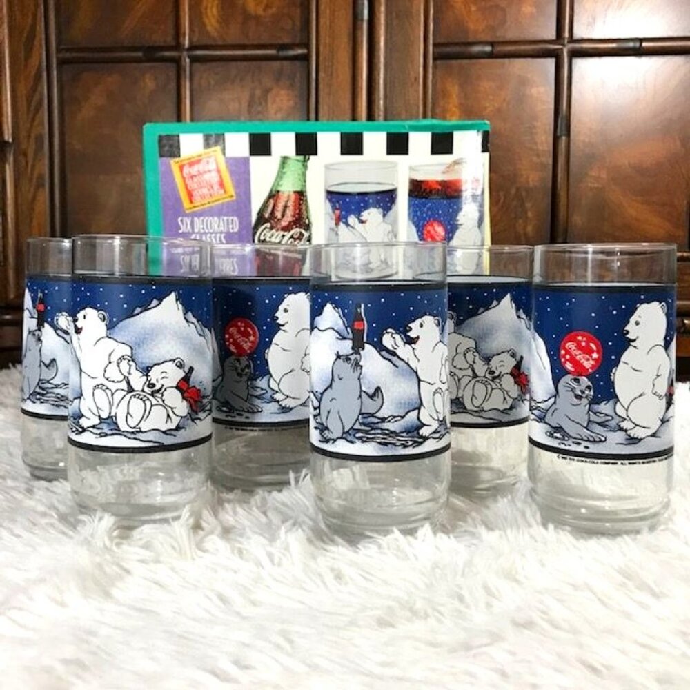 NWOT Set of 6 Vintage Coca-Cola 'Cubs and Seal' Decorated 16oz Glasses Set